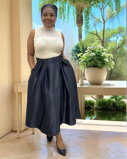 Black belted high-waist pleated midi skirt with wide waist belt
