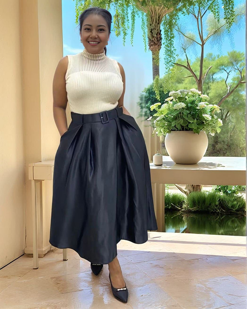 Black belted pleated midi skirt with high waist belt detail