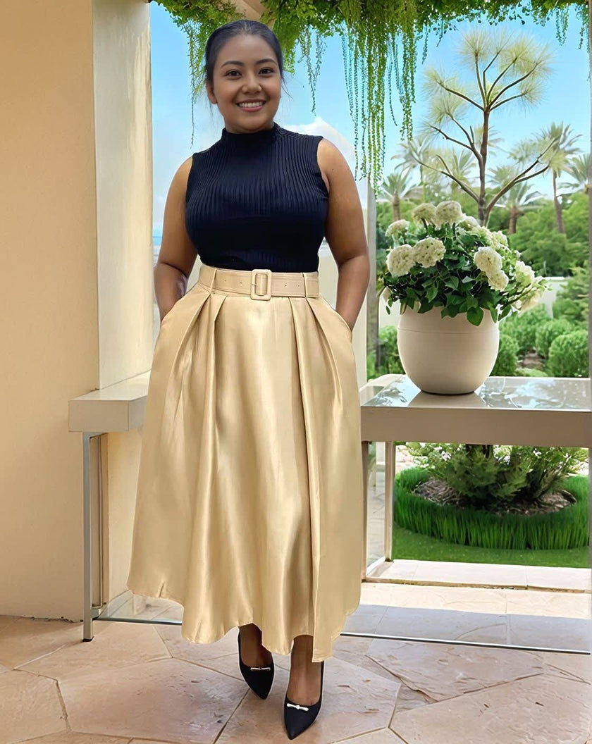 Tan belted pleated midi skirt, high waist with buckle belt