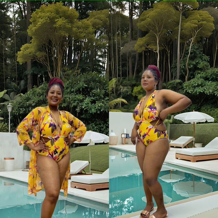 Yellow floral convertible swimsuit set, halter one-piece with tie-front cover-up