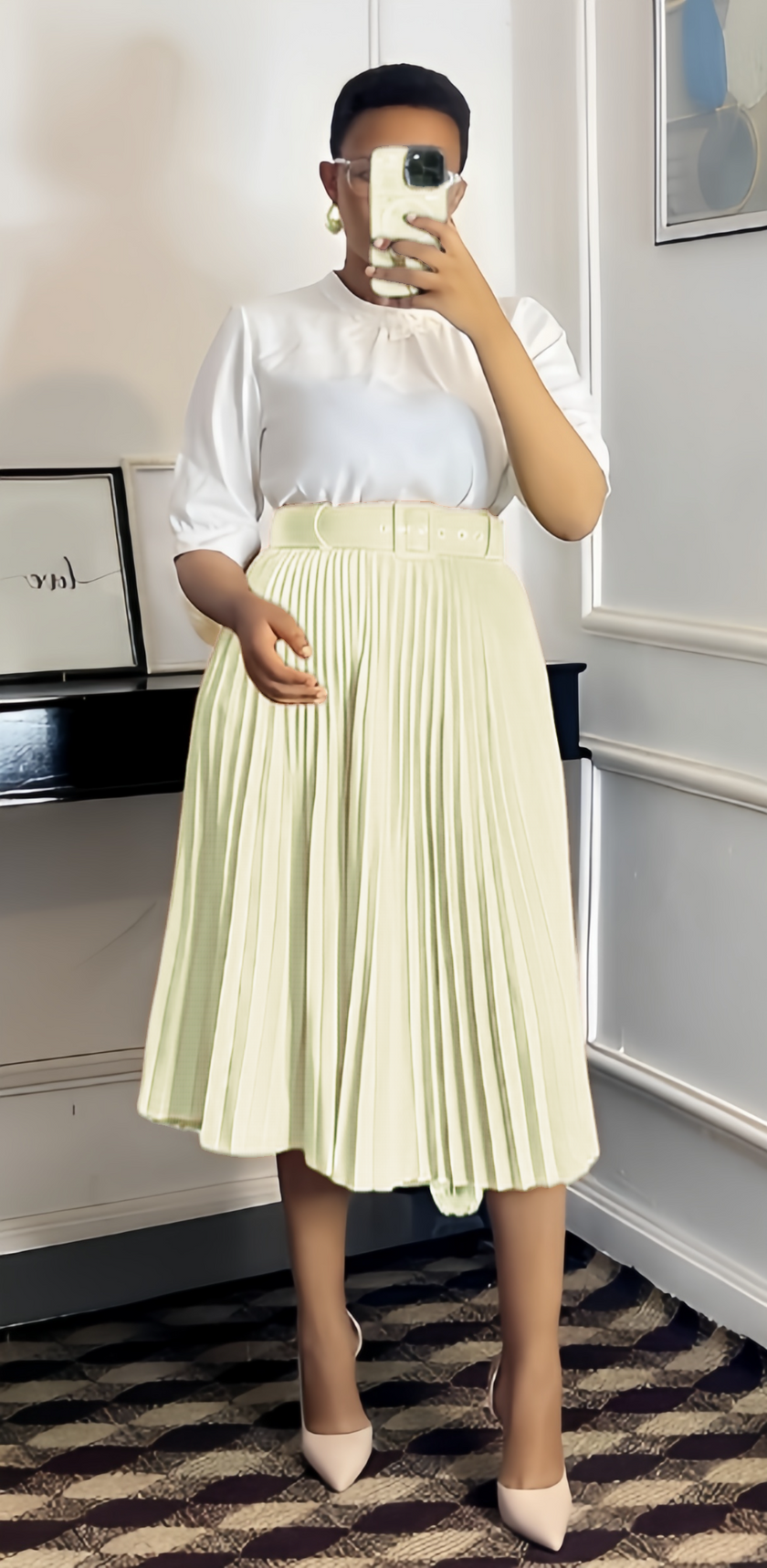 Mid-Waist Pleated Skirt with Wide Belt Design