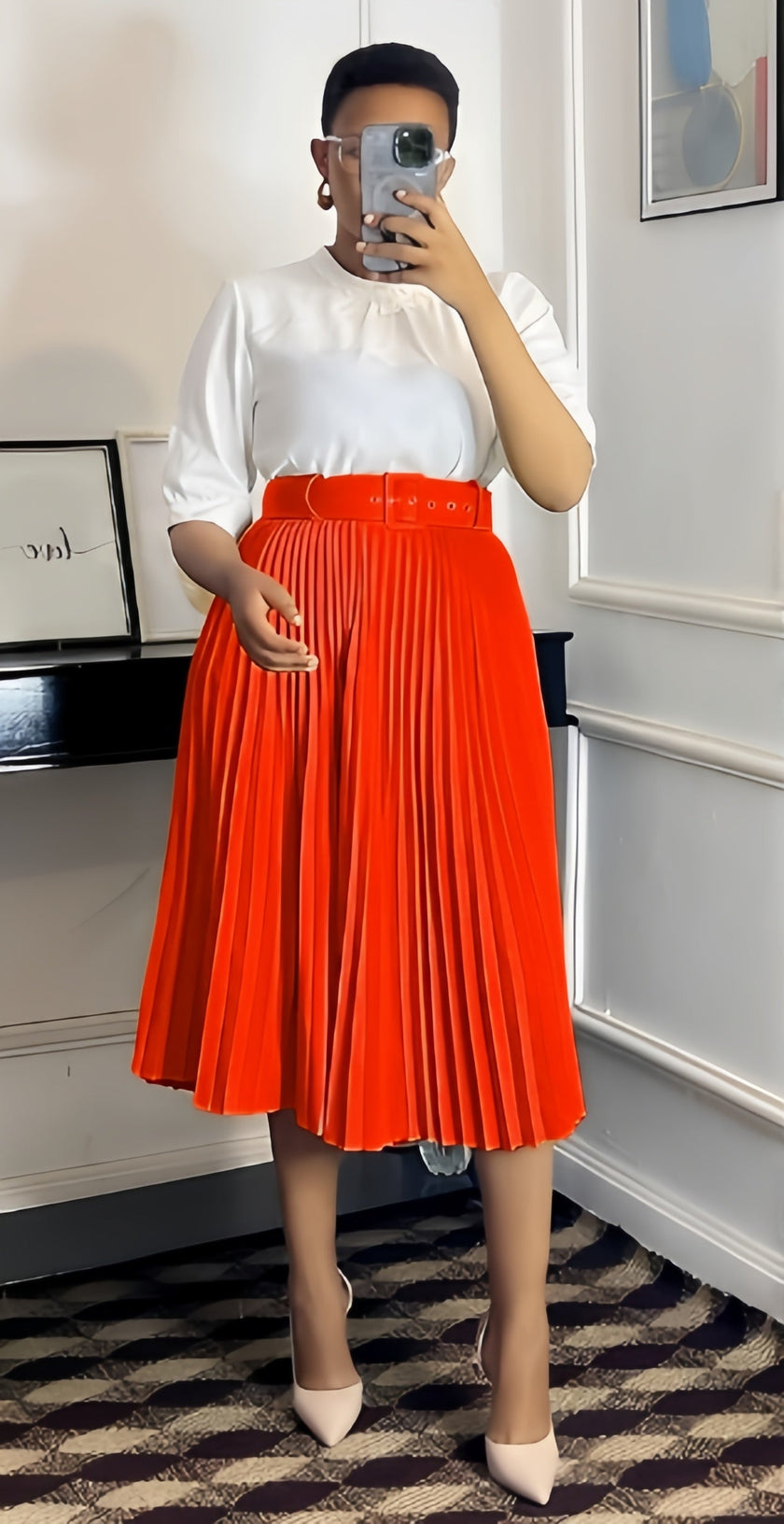 Mid-Waist Pleated Skirt with Wide Belt Design