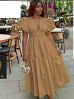 Tan puff sleeve tiered maxi dress with gathered neckline and V-neck