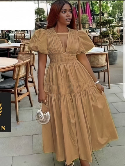 Tan puff sleeve tiered maxi dress with gathered neckline and V-neck