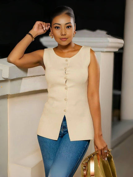 Nude sleeveless button top with split hem and curved peplum hem