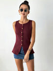 Maroon sleeveless button top with front buttons and split hem peplum