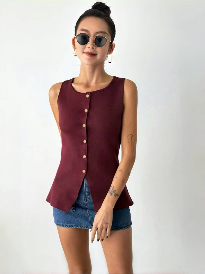 Maroon sleeveless button top with front buttons and split hem peplum