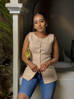 Beige sleeveless button top with front buttons and split hem peplum