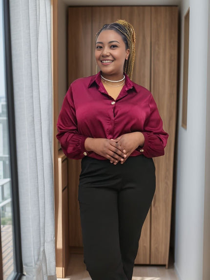 Maroon long-sleeve bow tie blouse with button front and ruffled collar detail