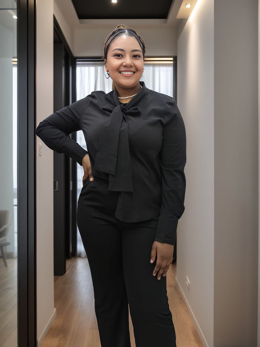 Women's Long Sleeve Blouse with Front Tie Detail