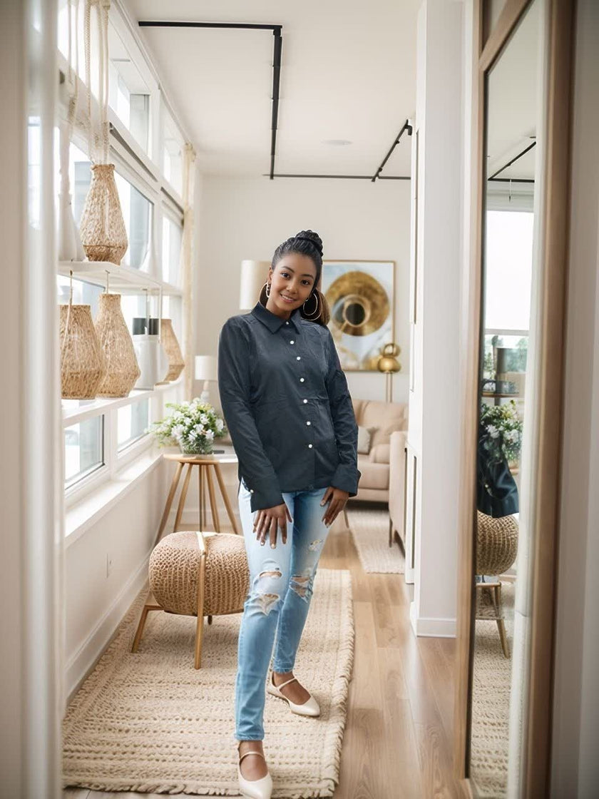 Women's Classic Collar Long Sleeve Shirt with Button Front