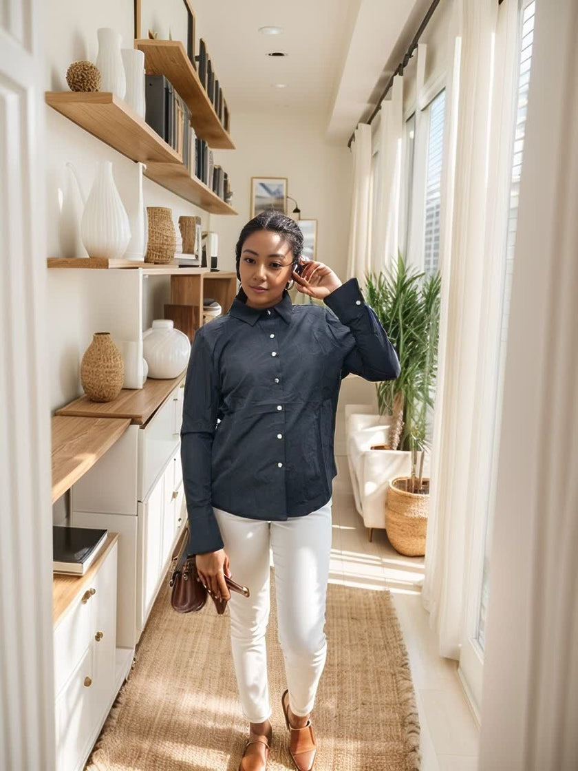 Women's Classic Collar Long Sleeve Shirt with Button Front