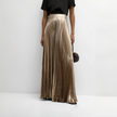 Gold pleated midi skirt with elastic stretch waistband