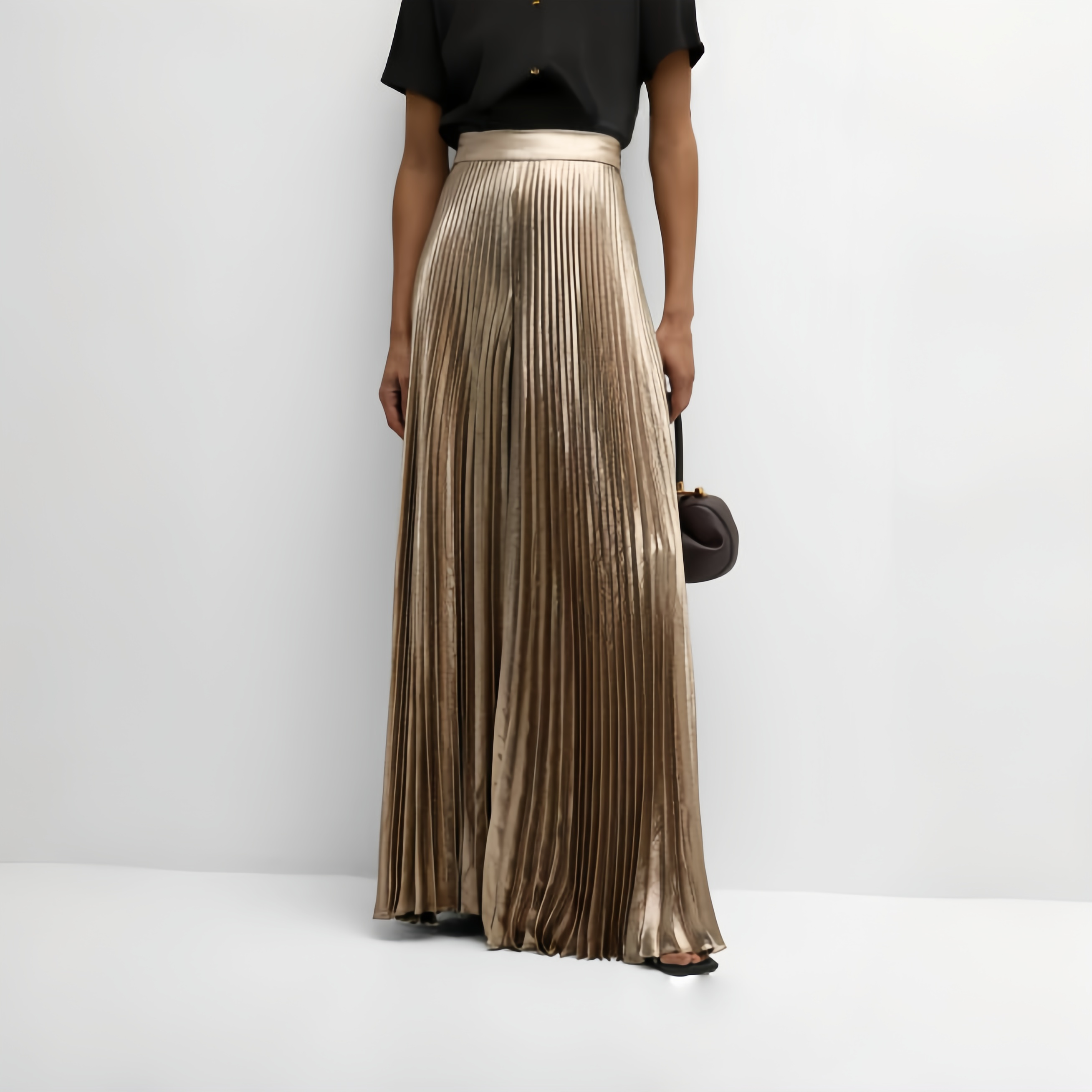 Gold pleated midi skirt with elastic stretch waistband
