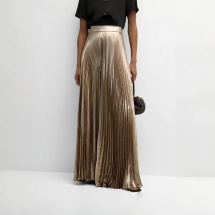 Gold pleated midi skirt with elastic stretch waistband
