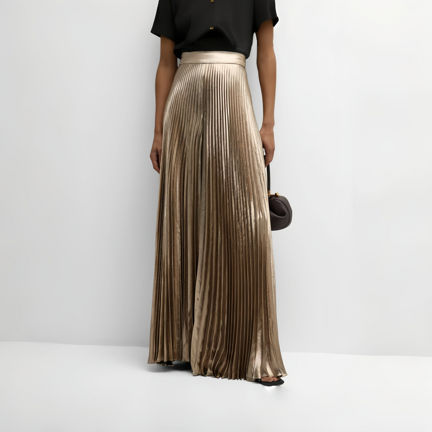Gold pleated midi skirt with elastic stretch waistband