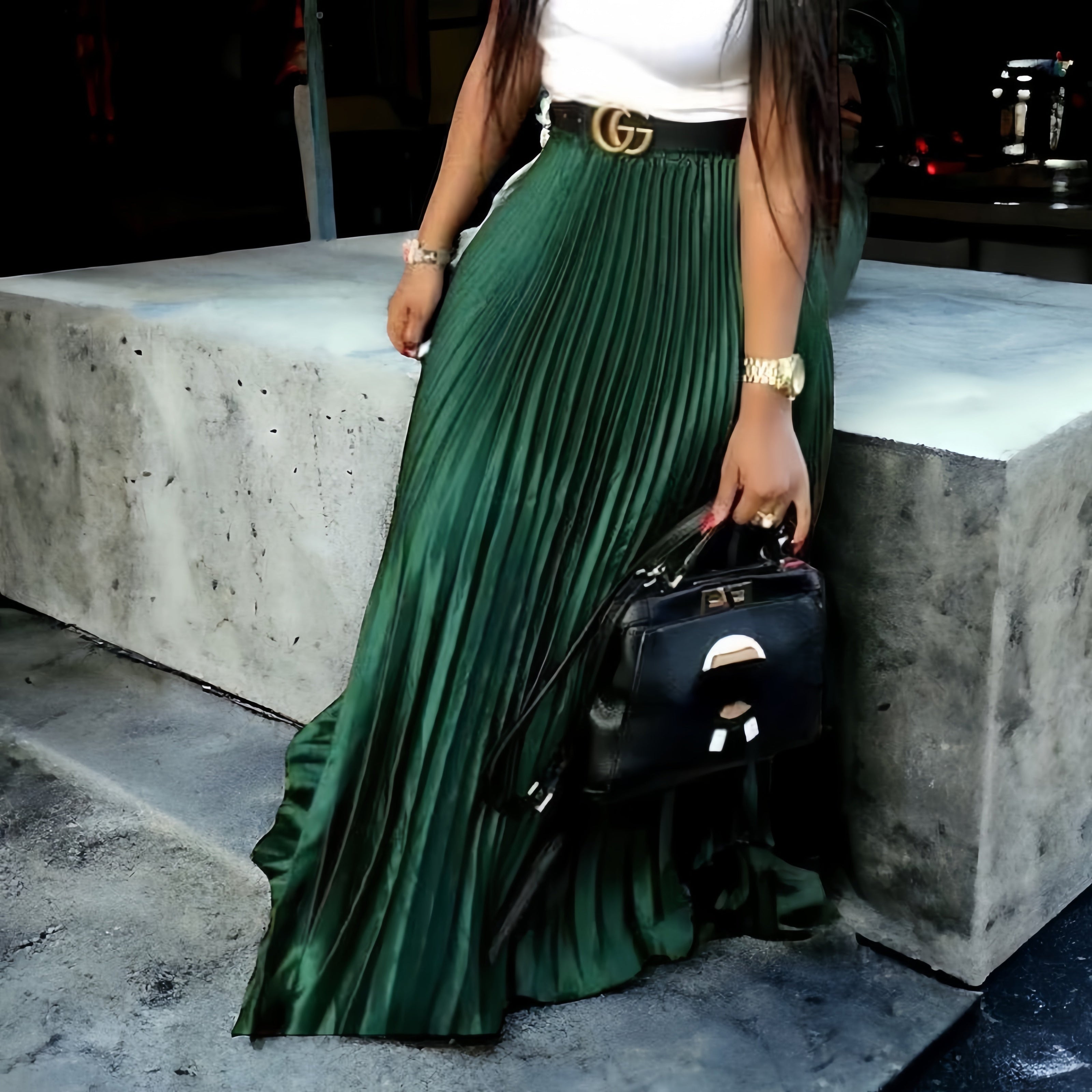 High-Waisted Pleated Midi Skirt