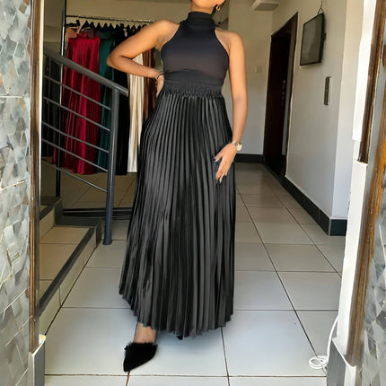 Black pleated midi skirt with elastic stretch waistband