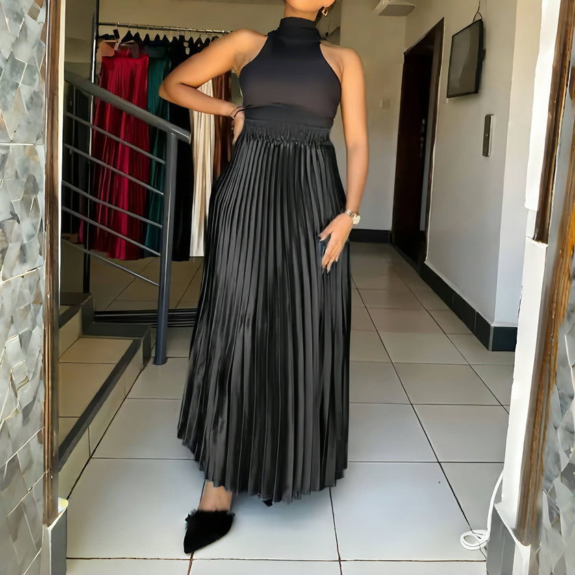 Black pleated midi skirt with elastic stretch waistband