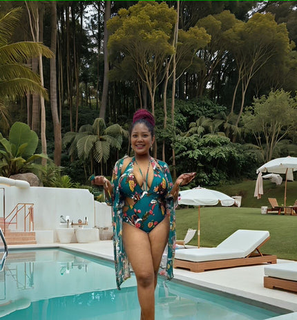 Dark green floral convertible swimsuit set with halter one-piece and long kimono cover-up