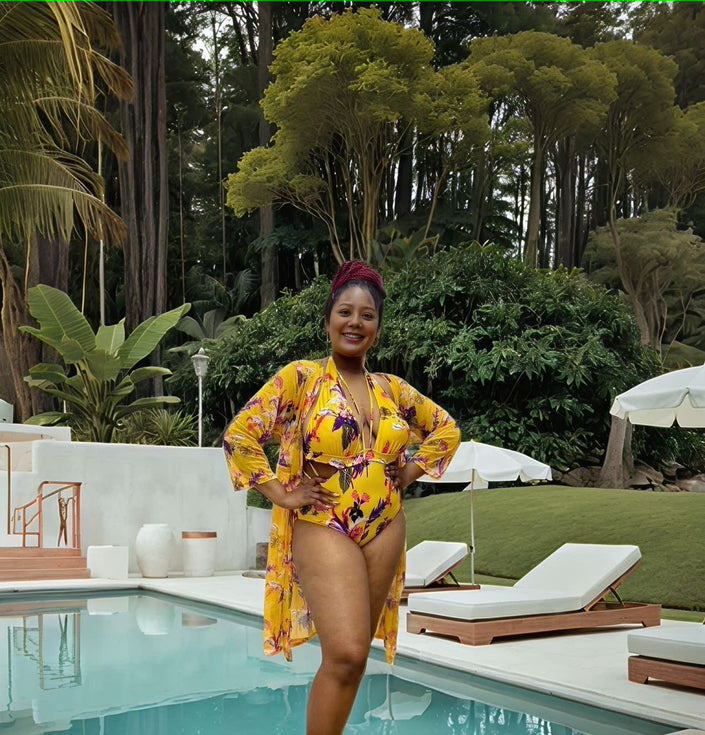 Yellow floral convertible swimsuit set with halter one-piece and matching cover-up