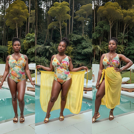 Tropical floral swim twin set with V-neck one-piece and yellow sheer drape