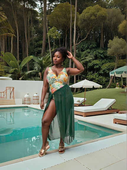 Tropical floral swim twin set with V-neck one-piece and dark green mesh skirt