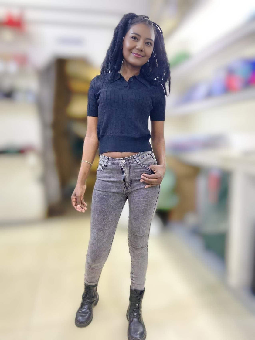 Women's Short-Sleeve Cable Knit Polo Sweater with classic textured pattern