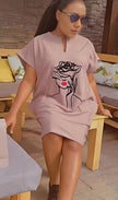 Light pink mini dress with short sleeves and rose graphic front