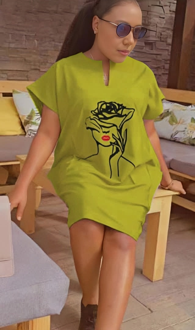 Green-yellow mini dress with short sleeves and rose graphic front