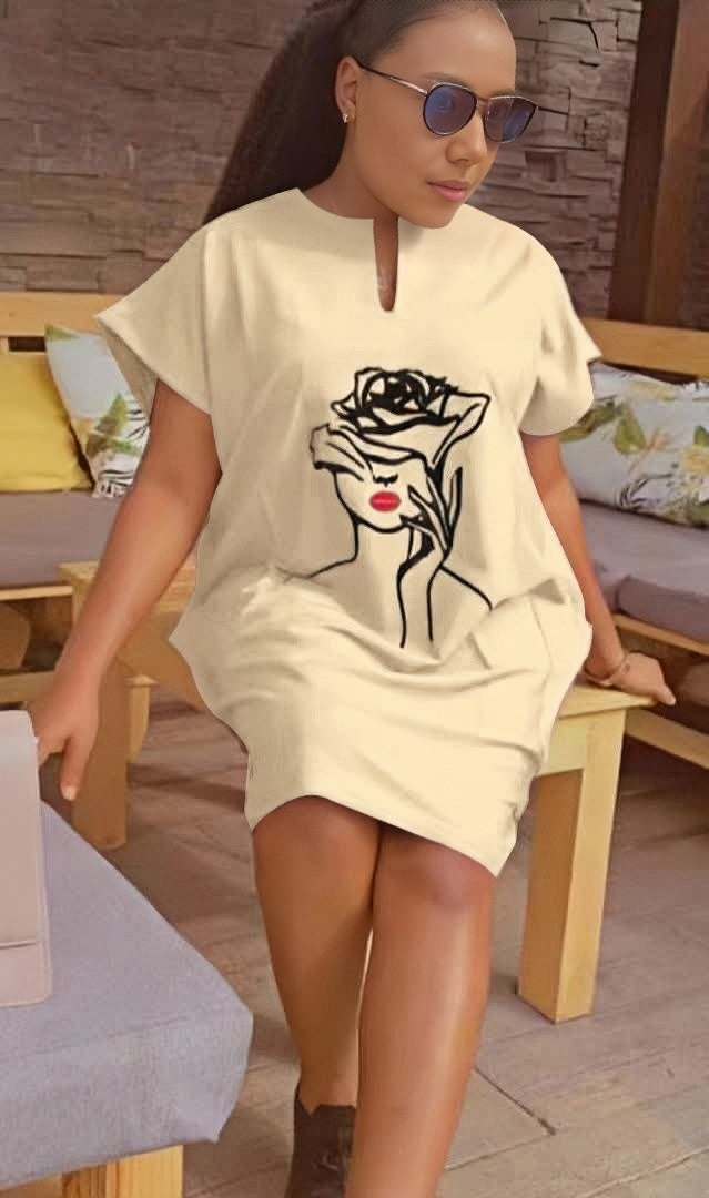 Cream mini dress with short sleeves and rose graphic front
