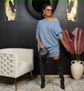 Off-shoulder knit dress, loose fit, 3/4 sleeves – Sky-Blue