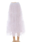 Layered white tulle midi skirt with soft tiered layers and elastic waistband