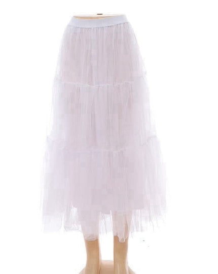 Layered white tulle midi skirt with soft tiered layers and elastic waistband