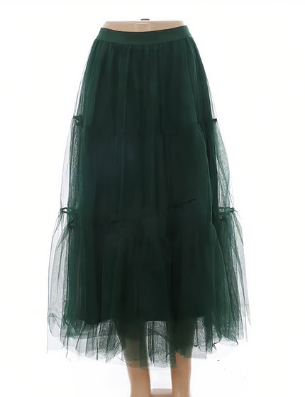 Layered dark-green tulle midi skirt with full tulle hem and elastic waistband