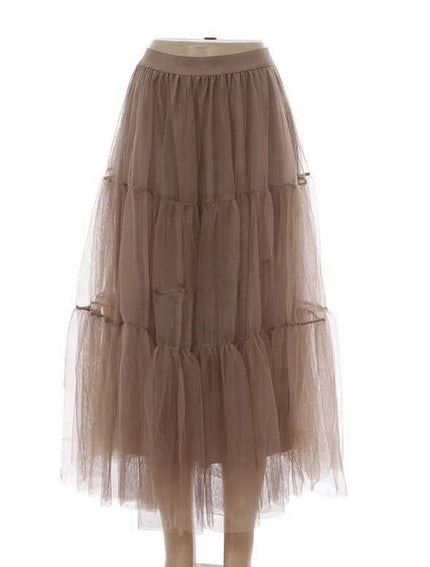 Layered khaki tulle midi skirt with tiered mesh layers and elastic waistband