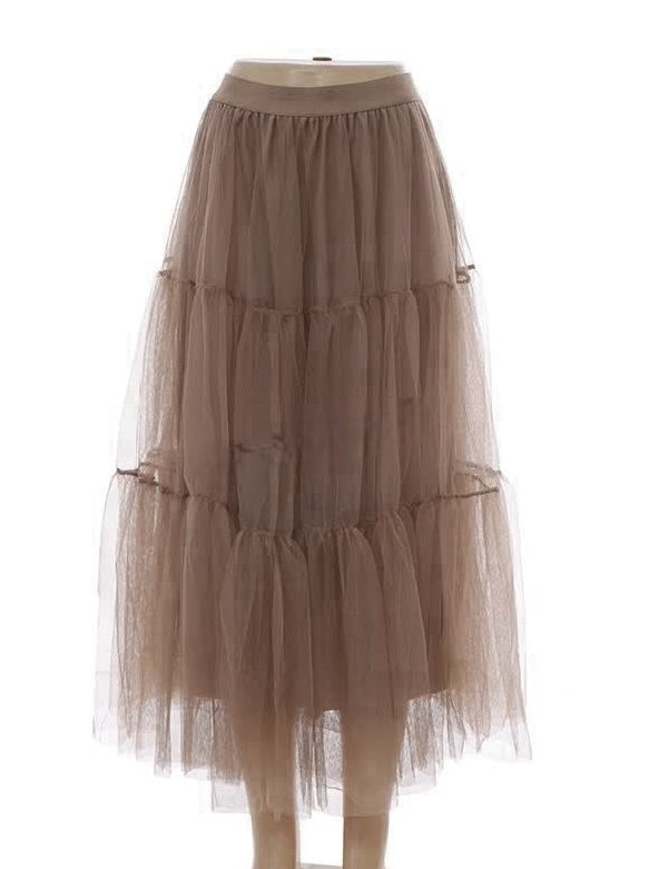 Layered khaki tulle midi skirt with tiered mesh layers and elastic waistband