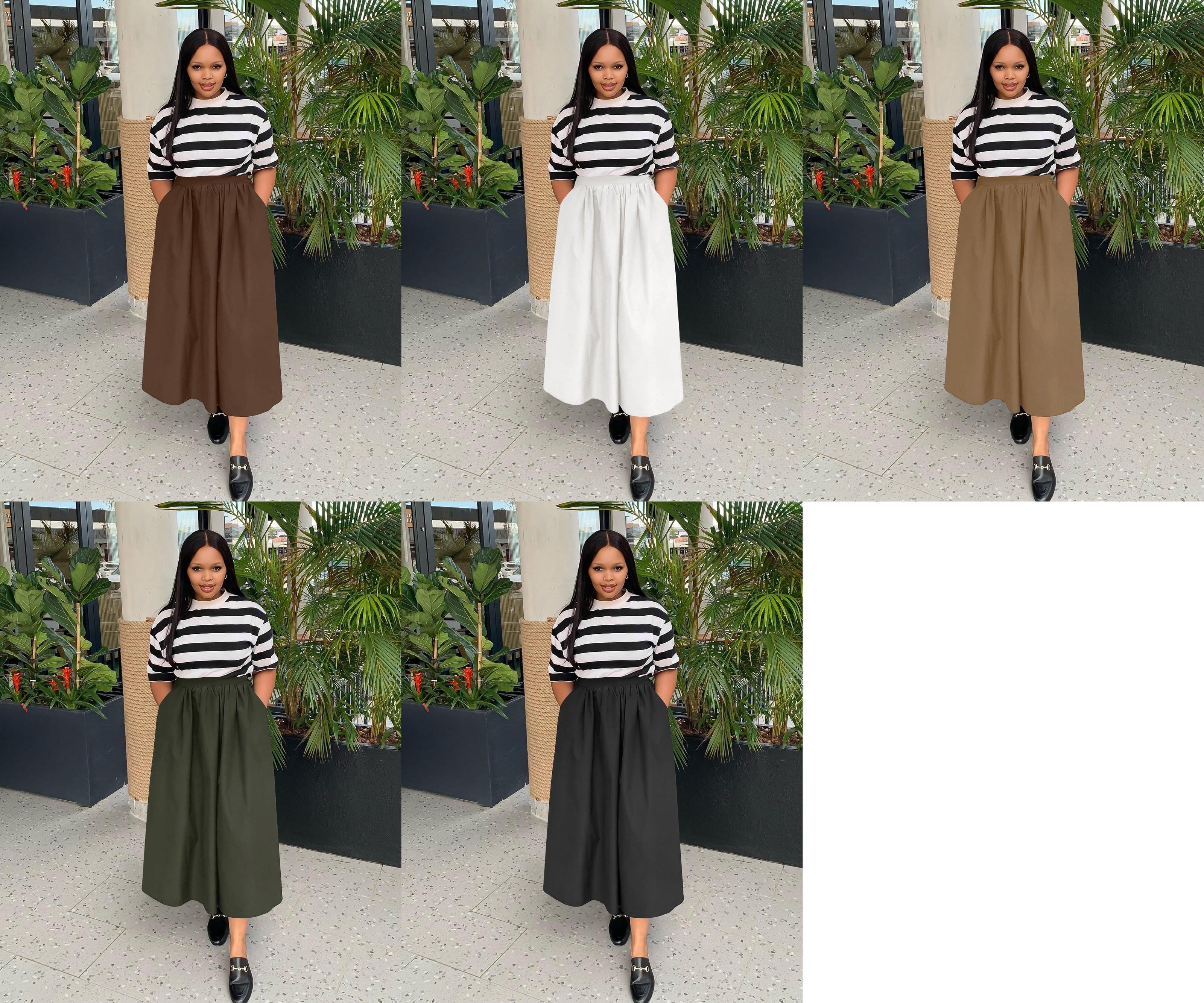 Urban high-waist A-line midi skirt in dark, light, and green tones (options shown)