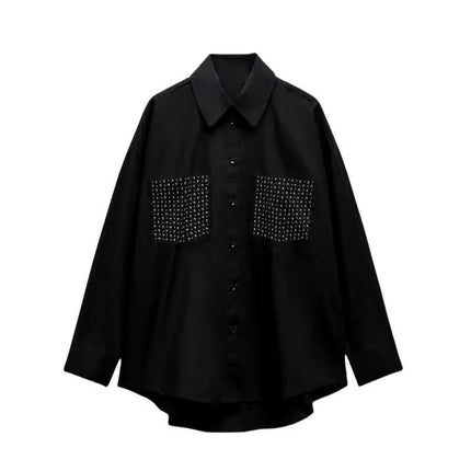 Black oversized studded pocket shirt with button front and point collar