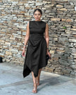 Sleeveless asym hem midi dress in black, draped front skirt