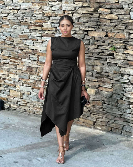 Sleeveless asym hem midi dress in black, draped front skirt