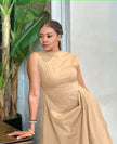 Sleeveless asym hem midi dress in tan, draped front