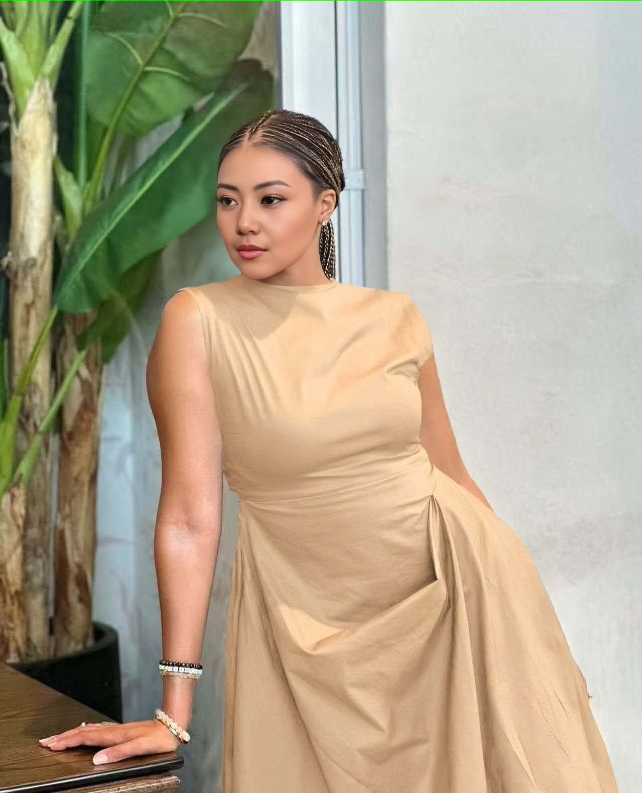 Sleeveless asym hem midi dress in tan, draped front