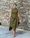 Sleeveless asym hem midi dress in army green, draped side panel