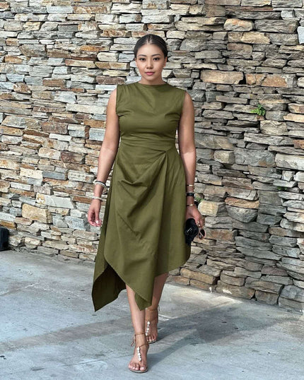Sleeveless asym hem midi dress in army green, draped side panel