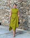 Sleeveless asym hem midi dress in yellow-green, draped side panel