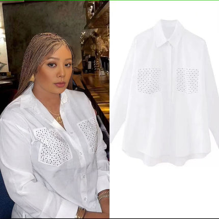 White studded pocket blouse with button front and point collar