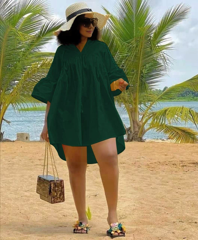 Plus size mini dress, dark green relaxed fit with V-neck and long loose sleeves