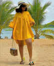 Plus size mini dress, yellow relaxed fit with V-neck and long loose sleeves