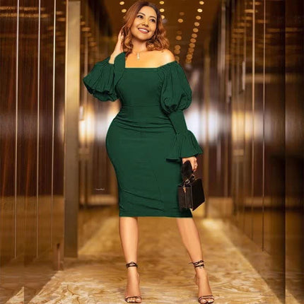 Dark green off-shoulder evening dress with puff sleeves, fitted midi bodycon